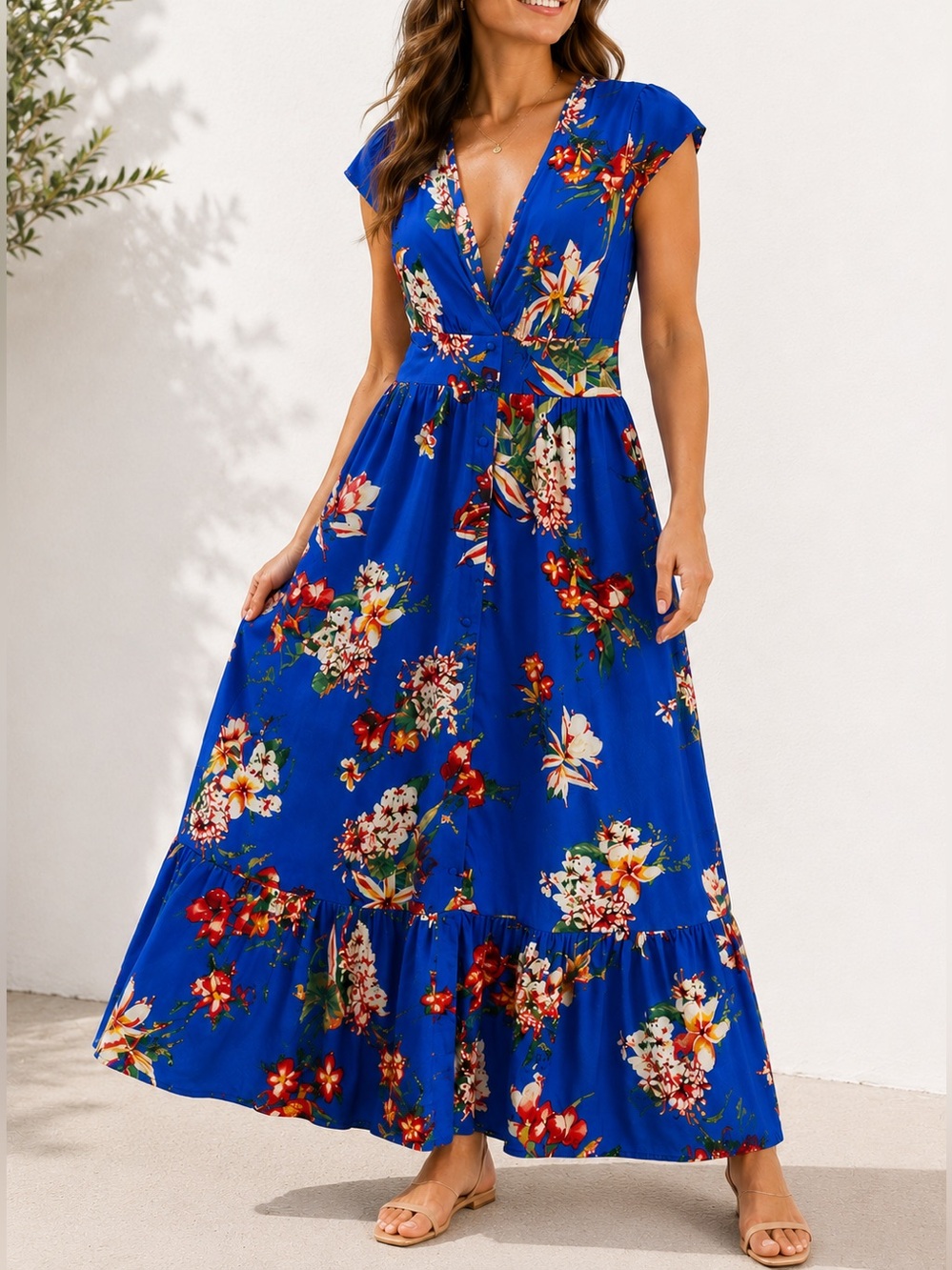 Express Blue Tropical Floral Maxi Dress XS Hawaiian Vacation Boho - Picture 1 of 10